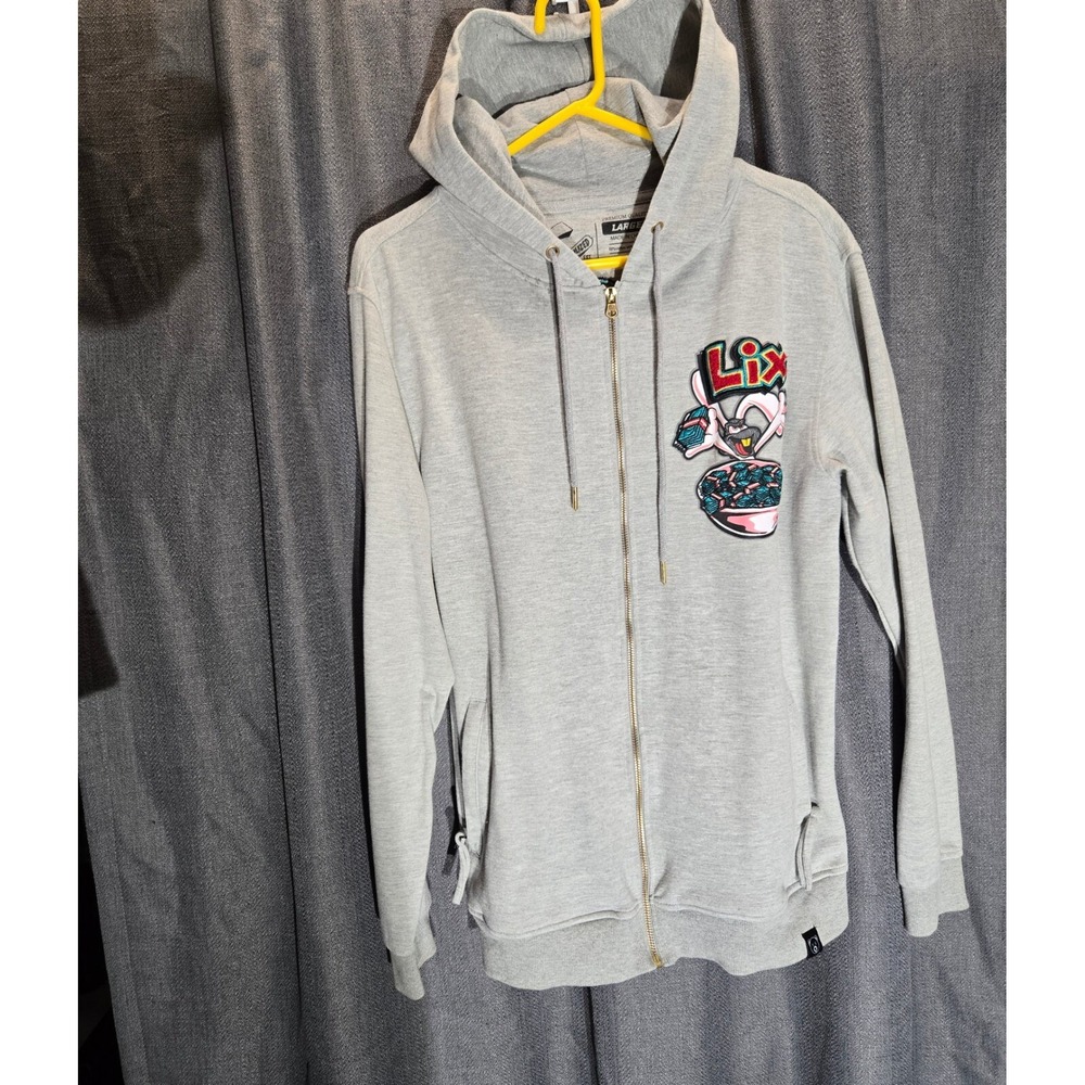 Civilized Lix‎ Graphic Zip Up Hoodie Embroidered Accents Gray Large